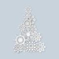 Christmas tree symbol from realistic paper snowflakes. Snow starts elements for winter holiday decor Royalty Free Stock Photo