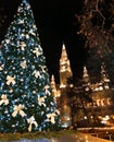 Christmas tree and tall gothic building of Vienna city hall Rathaus