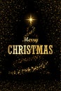 Christmas tree, text, black background. Gold Christmas tree, symbol of Happy New Year, Merry Christmas holiday Royalty Free Stock Photo