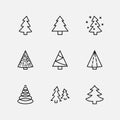 Christmas Tree thin line icon set. Stylized linear icons of artificial snow, spruce, present box fir. Editable Stroke