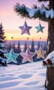 A Christmas Tree With Three Paper Stars Hanging From It. Generative AI Royalty Free Stock Photo