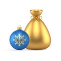 Christmas tree toy ball snowflake and golden bag Santa Claus gift holiday realistic 3d icon vector