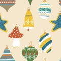 Christmas Tree Toy seamless pattern. Xmas Ball Retro. New year hand drawn toys. Bauble with ornament. Cartoon wallpaper. Royalty Free Stock Photo