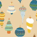 Christmas Tree Toy seamless pattern. Xmas Ball Retro. New year hand drawn toys. Bauble with ornament. Cartoon wallpaper. Royalty Free Stock Photo