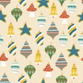 Christmas Tree Toy seamless pattern. Xmas Ball Retro. New year hand drawn toys. Bauble with ornament. Cartoon wallpaper. Royalty Free Stock Photo