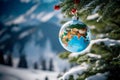 A Christmas tree toy in the shape of a globe hangs on a Christmas tree branch against the backdrop of a winter mountain landscape Royalty Free Stock Photo