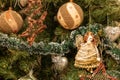 Christmas tree toys balls, stars, angel, hearts. Close-up. Royalty Free Stock Photo