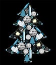 Christmas tree of toys, black, blue and white, vector illustration
