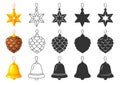 Christmas tree toys flat line glyph silhouette set