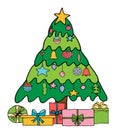 Christmas tree with toys and gift boxes in hand drawn style. Vector illustration Royalty Free Stock Photo