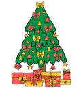 Christmas tree with toys and gift boxes in hand drawn style. Vector illustration Royalty Free Stock Photo