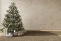 Christmas tree with toys and gifts decorate modern interior scandinavian style. Empty stucco wall mock up. 3d render