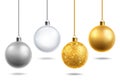 Christmas tree toys realistic. Transparent glass, silver and golden with glitter balls hang. Round xmas decor objects Royalty Free Stock Photo