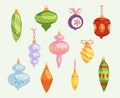 Christmas tree toys vector decorations balls, circle, stars, bells for decorate New Year Xmas tree toys on branches Royalty Free Stock Photo