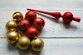 Christmas tree toys on a white wooden background.