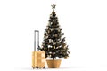 Christmas tree and travel suitcase. Christmas travel trip concept. Isolated. 3D Rendering