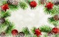 Christmas tree twigs, cones, balls and snow frame Royalty Free Stock Photo