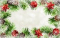 Christmas tree twigs, cones, balls and snowflakes frame Royalty Free Stock Photo