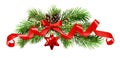 Christmas tree twigs, red star, cones and silk ribbon bow Royalty Free Stock Photo