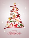 Christmas tree vector concept design. Christmas tree symbol in red lasso shape with gift, candy cane, and ornaments decoration.