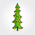 Christmas tree vector icon. Decorated tree in flat line art style. Green pine for design of greeting cards and