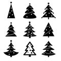 Christmas tree vector icons set, black and white Royalty Free Stock Photo