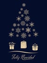 Christmas tree vector with snowflakes, gift and spanish christmas greetings on black background. Royalty Free Stock Photo