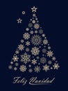 Christmas tree vector with snowflakes and spanish christmas greetings on black background.