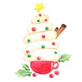 Christmas tree whipping cream on coffee cup watercolor illustration.