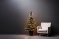 Christmas tree and white armchair in a room with dark walls and floor. Minimalist interior. Generative AI