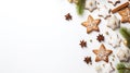 Christmas tree white background with snow Christmas tree, cones and cinnamon sticks and badyan asterisks. Christmas