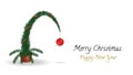 Christmas tree on a white background with a tilted top. Red ball and ribbon on a green Christmas tree. Greeting card for