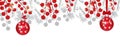 Christmas tree white branches with holly berries and red baubles. Holidays decoration banner. Vector Royalty Free Stock Photo