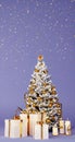 3d render of Christmas tree, white gift boxes, candles and gold stars on blue background. Royalty Free Stock Photo