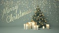 Christmas tree, white gift boxes, candles and gold stars on green background Royalty Free Stock Photo