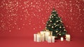 Christmas tree, white gift boxes, candles and gold stars on red background Royalty Free Stock Photo