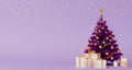 3d render of Christmas tree, white gift boxes, candles and gold stars on velvet violet background. Royalty Free Stock Photo