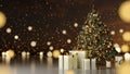 Christmas tree, white gift boxes, candles and golden lights on a brown background. Royalty Free Stock Photo