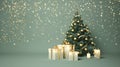 Christmas tree, white gift boxes, candles and gold stars on green background Royalty Free Stock Photo