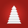 Christmas tree of white layered triangles on red background. 3D vector illustration with dropped shadow
