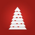 Christmas tree of white layered triangles on red background. 3D vector illustration with dropped shadow