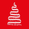 Christmas tree from white ribbon. Snowflake set xmas ball. Abstract line. Merry Christmas. Happy New Year. Greeting card. Flat Royalty Free Stock Photo