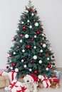 Christmas tree in the white room decor pine for the new year with postcard gifts