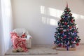 Christmas tree in a white room for Christmas with gifts Royalty Free Stock Photo