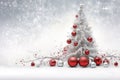 christmas tree with white snow and decorations, red and silver balls promo banner Merry Christmas Card Poster Happy New Year Xmas Royalty Free Stock Photo