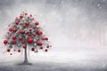 christmas tree with white snow and decorations, red and silver balls promo banner Merry Christmas Card Poster Happy New Year Xmas Royalty Free Stock Photo