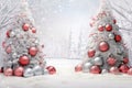 christmas tree with white snow and decorations, red and silver balls promo banner Merry Christmas Card Poster Happy New Year Xmas Royalty Free Stock Photo