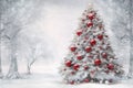 christmas tree with white snow and decorations, red and silver balls promo banner Merry Christmas Card Poster Happy New Year Xmas Royalty Free Stock Photo