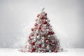 christmas tree with white snow and decorations, red and silver balls promo banner Merry Christmas Card Poster Happy New Year Xmas Royalty Free Stock Photo