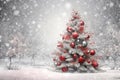 christmas tree with white snow and decorations, red and silver balls promo banner Merry Christmas Card Poster Happy New Year Xmas Royalty Free Stock Photo